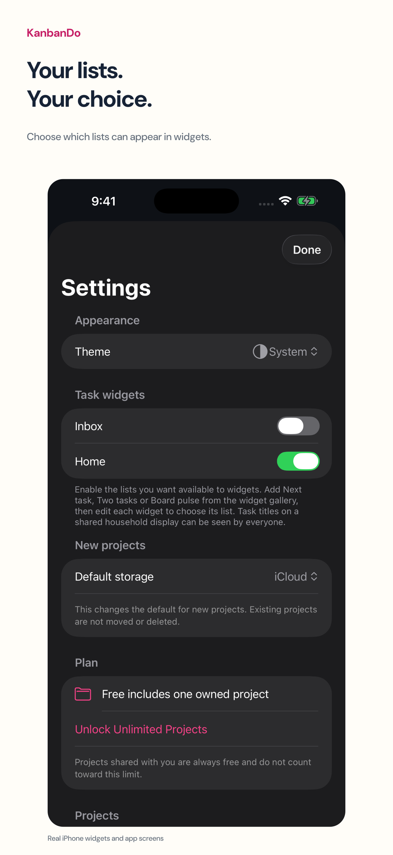 Actual KanbanDo settings for choosing which lists appear in widgets