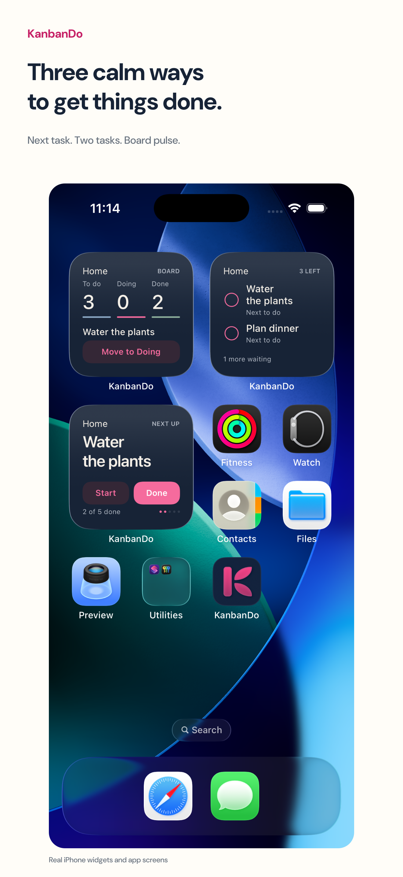 Actual iPhone capture showing all three KanbanDo widget designs